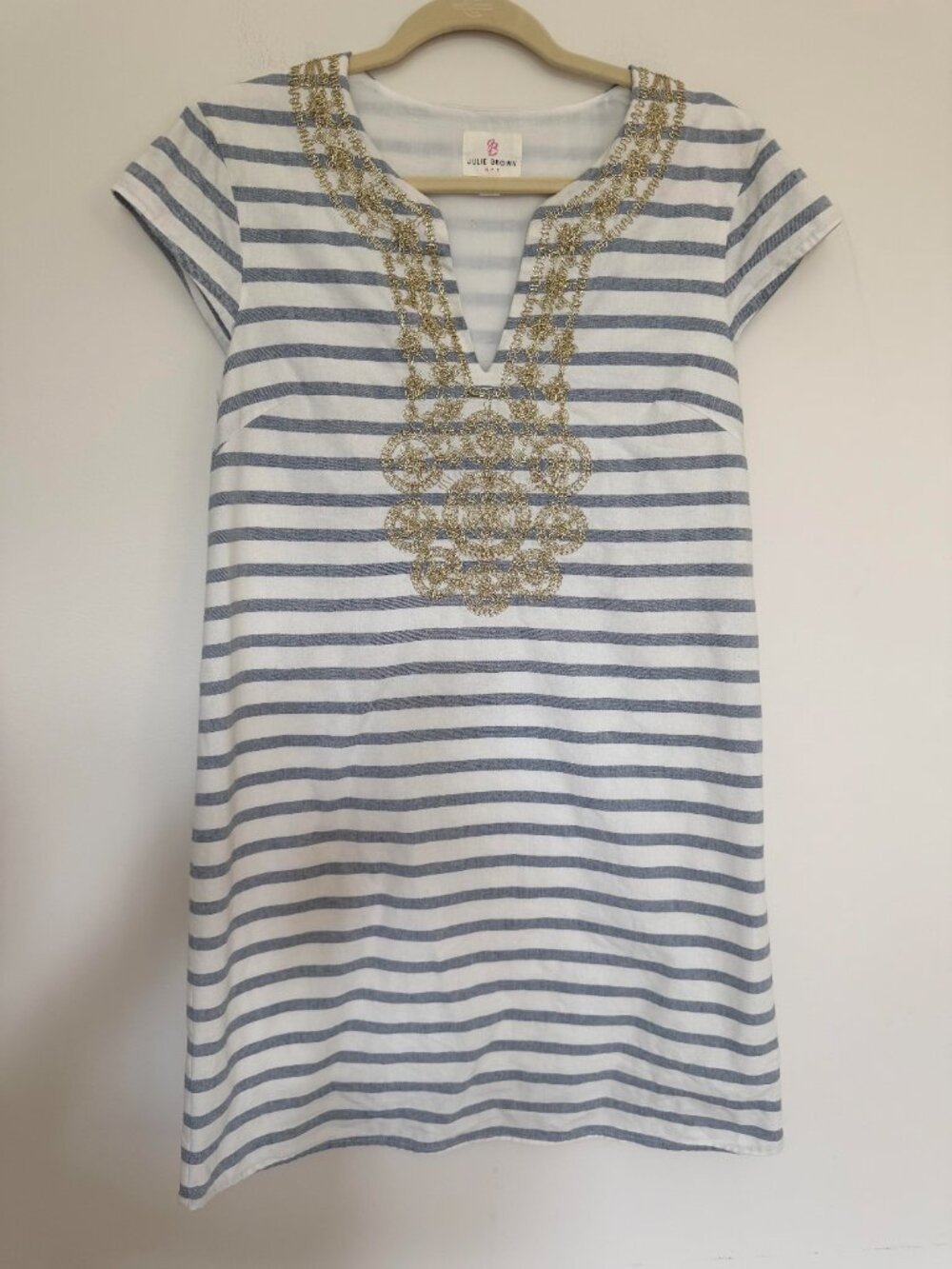 Julie Brown Striped Embroidered Tunic Shift Dress Coastal Resort White Blue - 8